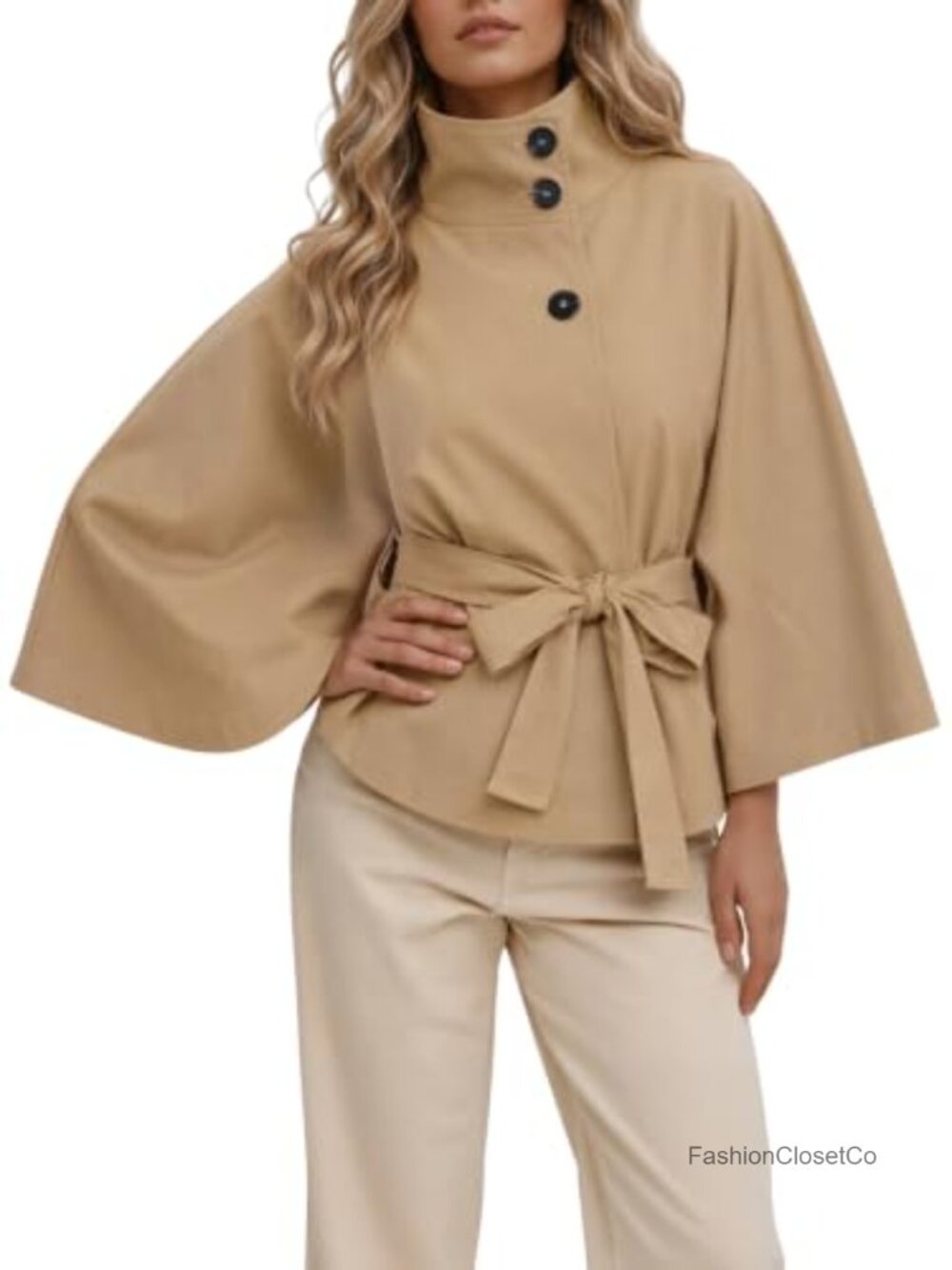 Cropped Cape Sleeve Trench Coat with Belted Waist, Stand Collar Jacket,
